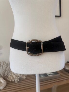 Prada Black Sued /Leather Women’s Belt with Silver-Tone Buckle size 34